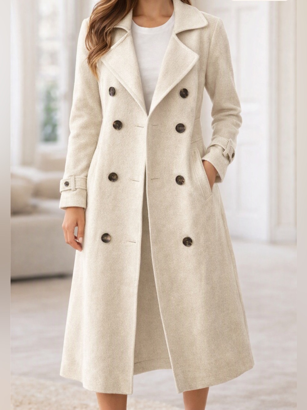 Savvi Women’s Cream Harlow Knit Double‑Breasted Cashmere Trench Coat Size S NWT